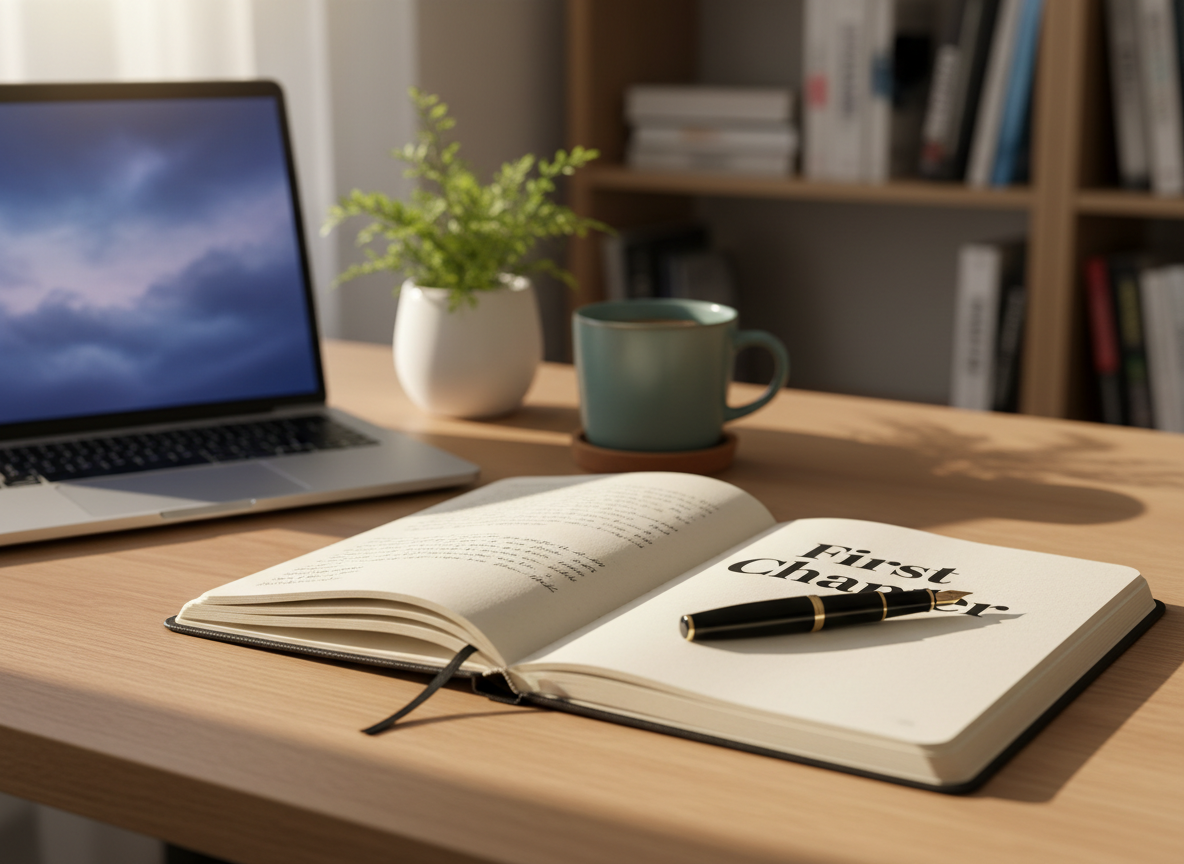 A neatly arranged recovery workspace on a light oak desk, featuring an open linen-textured journal with a fountain pen resting diagonally across a page titled “First Chapter.” Beside it, a closed laptop displays a softly glowing abstract home screen, hinting at an online counselling session without showing any people. A ceramic mug in calming muted teal sits on a cork coaster, with a small leafy plant in a white matte pot nearby. Soft morning light filters through an unseen window, creating gentle highlights on the journal pages and subtle shadows across the desk. Photographic realism at eye-level, shallow depth of field, with the background softly blurred bookshelves, conveying a professional, calm, and hopeful atmosphere suitable for an online AOD counselling service.